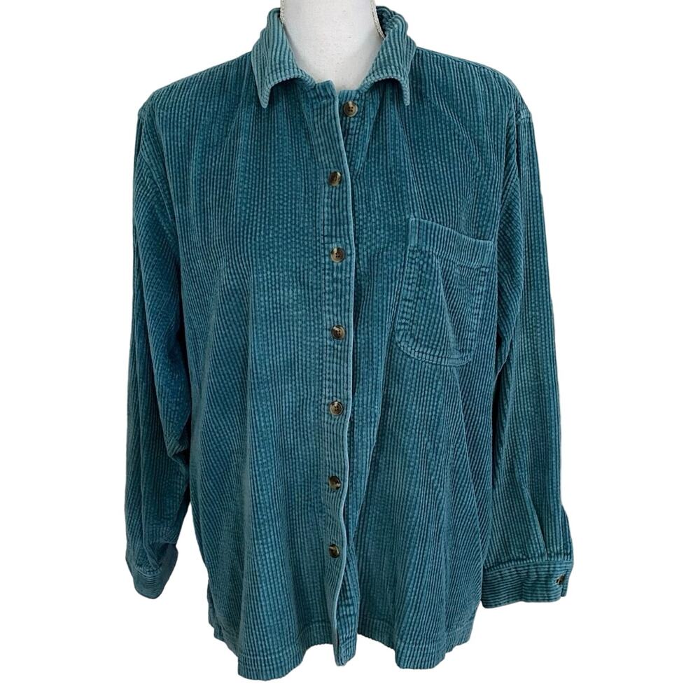 LL Bean Size L Corduroy Button Front Shacket Shirt Green